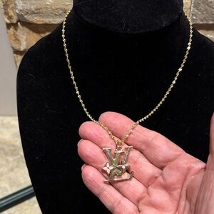 Gold LV Pendant Necklace  with pink flower accents